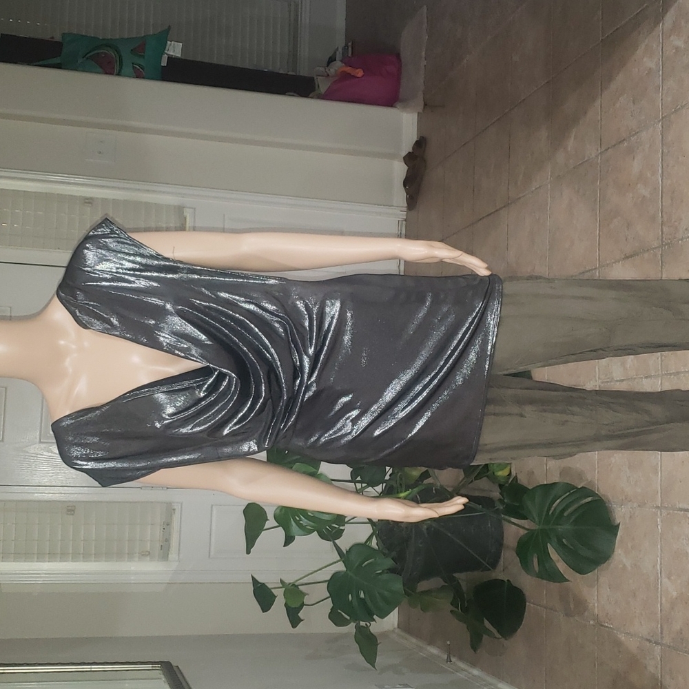 Necessary Objects m plunging cowl neck ultra mini dress / tunic liquid silver